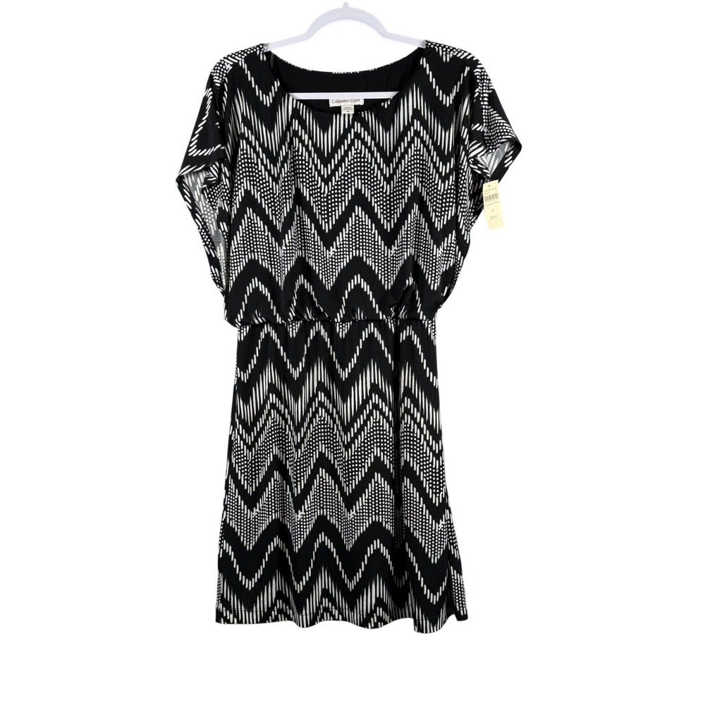 Coldwater Creek Womens 10 Dress Black White Zig Zag Blouson Geometric Boho NEW
